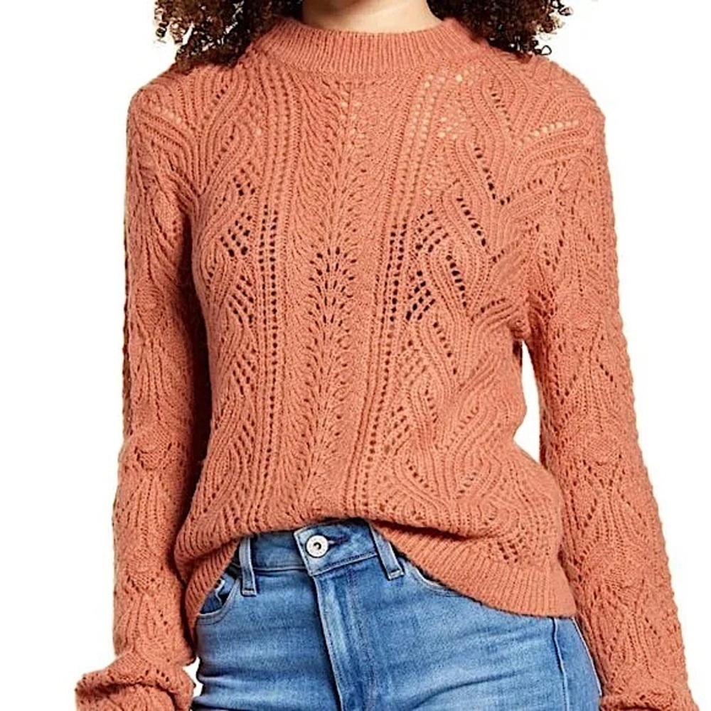 Leith Pointelle Blouson Sleeve Peach Cozy Knit Women’s Small